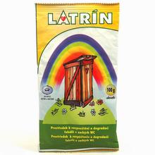 Obal produktu LATRIN 100g s ilustráciou toalety a farebným pozadím.