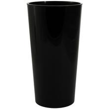 Čierny okrúhly kvetináč s vkladom.