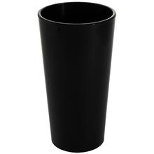 Čierny okrúhly kvetináč s vkladom.