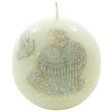 Biela sviečka s anjelom Seraphine a holubom.