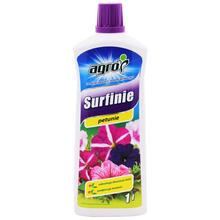 Fľaša hnojiva AGRO SURFÍNIE 1L s farebnými kvetmi na etikete.