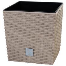 Štvorcový nízky kvetináč s vkladom v béžovej farbe.