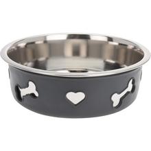 Sivá miska pre psa s kovovým vnútrom a motívom kostí a srdca.