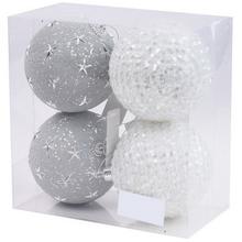 Sada vianočných gúľ v striebornej a bielej farbe.