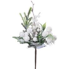 Umelá halúzka s bielymi bobuľkami a zelenými listami.