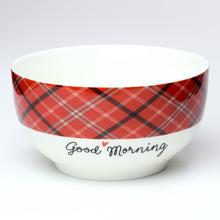 Vianočná šalátová misa s červeným károvaným vzorom a nápisom 'Good Morning'.