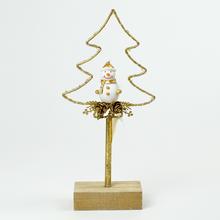 Zlatý LED stromček na podstavci s figúrkou snehuliaka.