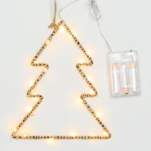 Závesný LED stromček z kovu s rozmermi 17x21 cm.