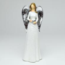 Biely dekoratívny anjel s lesklými krídlami.