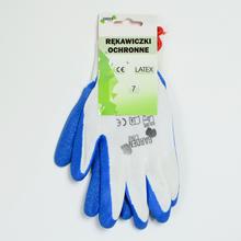 Ochranné rukavice s latexovým povrchom a modrými detailmi.