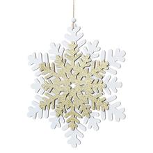 Biela a zlatá drevená vločka na zavesenie.