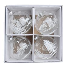 Sada sklenených vianočných gúľ s bielymi motívmi dedinky a stromčekov.