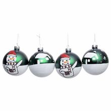 Sada sklenených vianočných gúľ v bielej, červenej a zelenej farbe s motívom snehuliakov a domčekov.