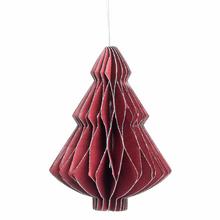 Závesná ozdoba v tvare stromčeka v zeleno-bordo-bielej farbe z papierového glitteru.
