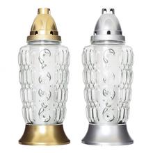 Náhrobné sviečky v čírom skle s dvoma farebnými vrchnákmi.