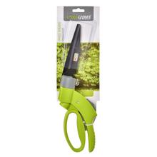 Záhradnícke nožnice na trávu s dĺžkou 34 cm a čepeľou 14 cm.