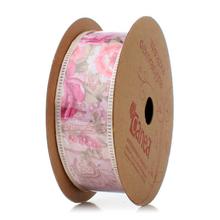 Ružová látková stuha s kvetinovým vzorom, šírka 2,5 cm, dĺžka 5 m.