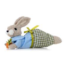 Zajac ležiaci v modro-zelenej kombinácii s mrkvičkou.