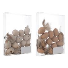 Malé plastové vajíčka s pierkami v mixe, 3,5 cm, balenie po 12 kusoch.