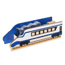 Drevený rušeň s modro-bielym dizajnom, 36 cm.