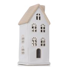 Biely a béžový keramický domček s LED osvetlením.