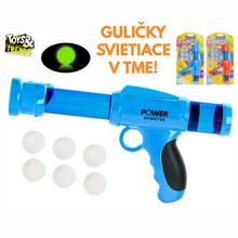 Modrá pištoľ na guličky svietiaca v tme s príslušenstvom.