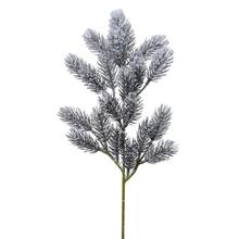 Zasnežený konárik čečiny s detailnými ihličkami.