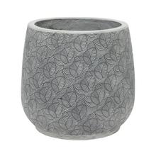Šedý keramický kvetináč s listovým vzorom.