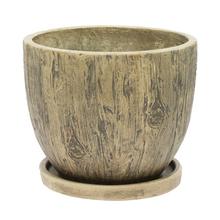 Hnedý keramický kvetináč s miskou, okrúhly tvar.