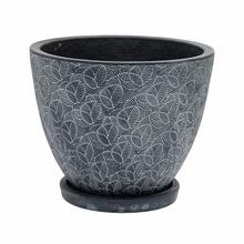 Čierny keramický kvetináč s okrúhlou miskou a vzorom listov.