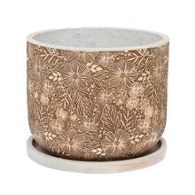 Hnedo-béžový keramický kvetináč s kvetinovým vzorom a miskou.