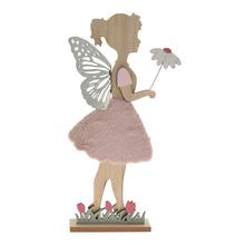 Drevená dekorácia dievča s krídlami v ružovej farbe.