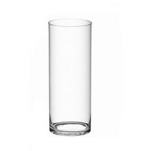 Priehľadná sklenená váza valcového tvaru.