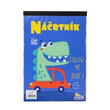 Náčrtník A4 s dinosaurím motívom a autíčkom.