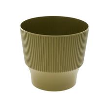 Zelený okrúhly kvetináč s jemným pruhovaným dizajnom.