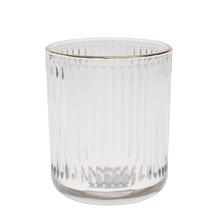 Váza so zlatým lemom, sklenená, priesvitná.