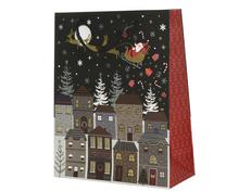 Vianočná papierová taška s motívom dedinky a Santa Clausa.