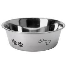 Nerezová miska pre psa s potlačou labiek a kostičky.