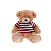 Plyšový medveď sediaci s pruhovaným svetrom a anglickým erbom.