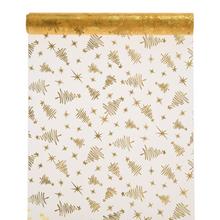 Zlatá lesklá organza s vianočnými motívmi.