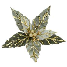 Umelá vianočná ruža v zelenej a zlatej farbe na štípe 22 cm.