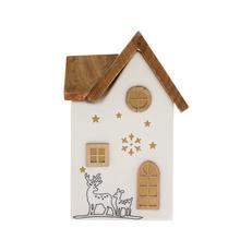 Biely a prírodný LED domček z porcelánu s vianočnými motívmi.