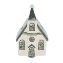 Porcelánový kostolík na sviečku v bielej a zelenej farbe.