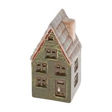 Keramický domček v zelenej a béžovej farbe.