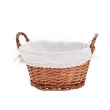 Hnedý oválny košík s bielou látkovou vložkou a rúčkami.