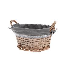 Oválny košík s šedou látkou a rúčkami.