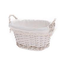 Biely oválny košík s rúčkou a látkovým vnútrom.