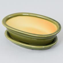 Zelený oválny kvetináč s miskou na bonsai.