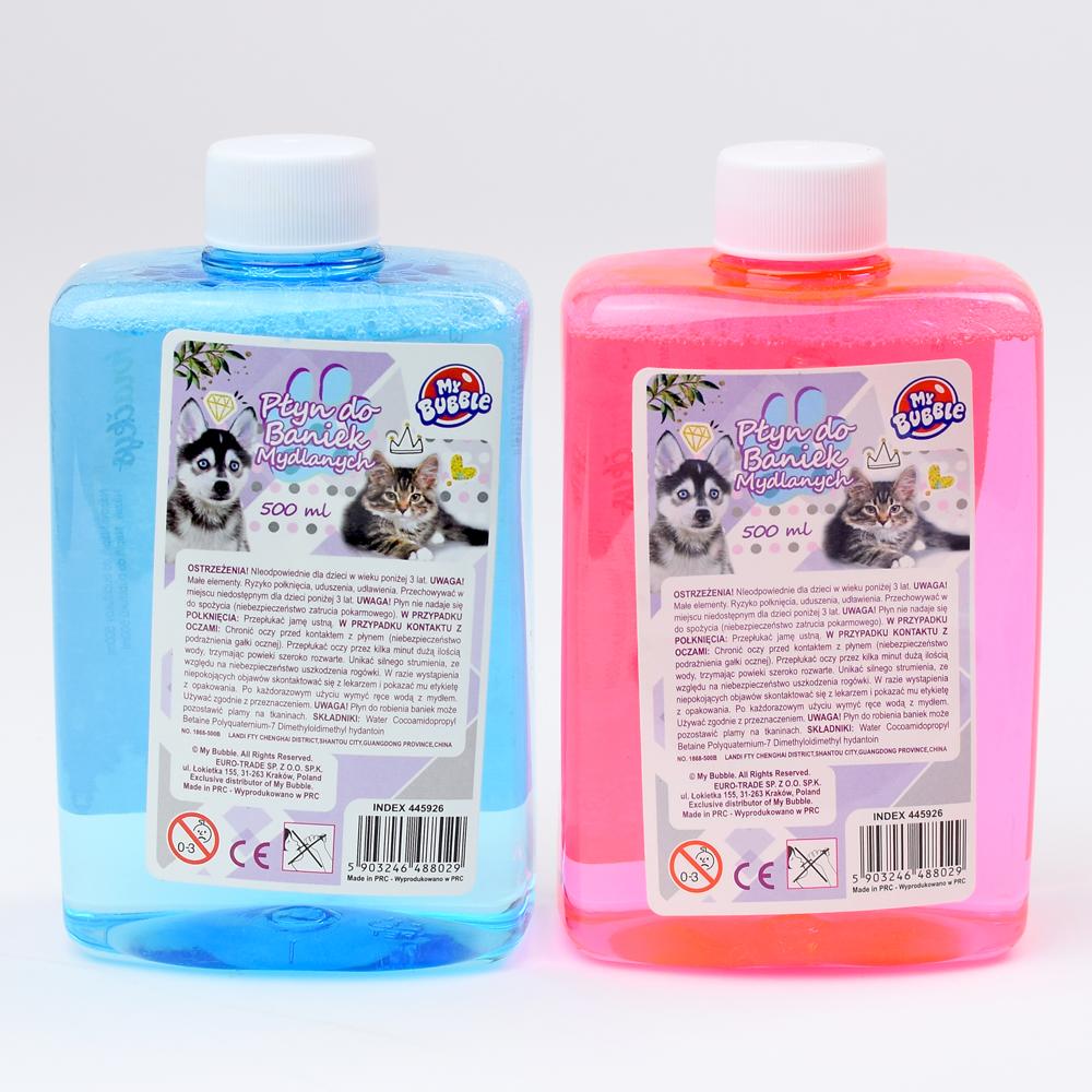 Náplň do bublifukov 500ml v modrej a ružovej fľaši.