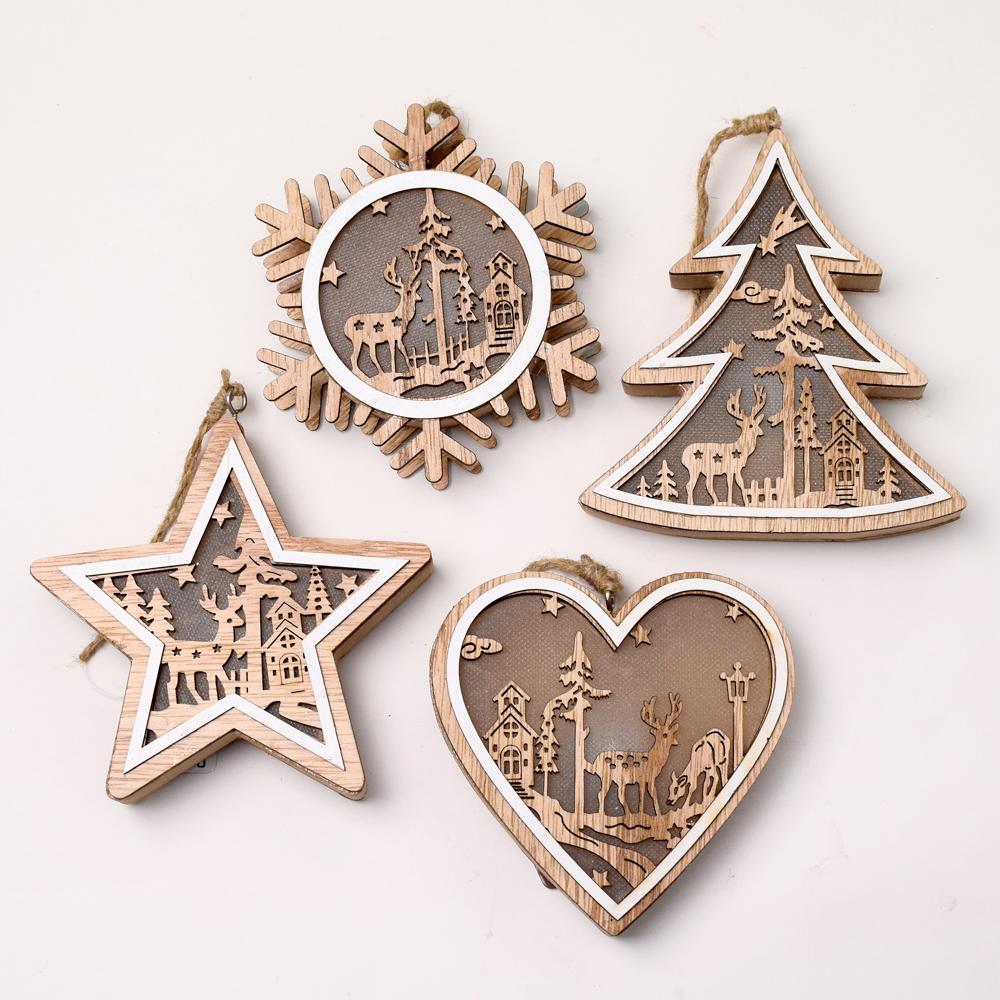 Drevené vianočné dekorácie so svetlom, 4 rôzne tvary.